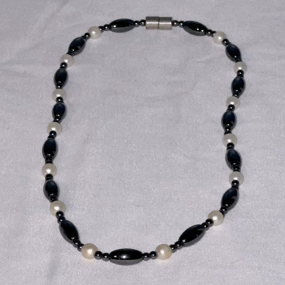 Healing Strong Magnetic Hematite/Faux Pearl Necklace